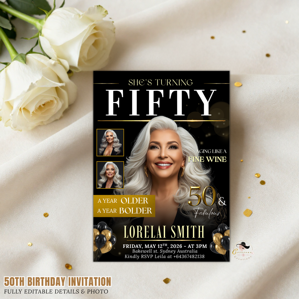 Black Gold 50th Birthday Dinner Invitation, 50 and Fabulous with photo Invite, Fiftieth Birthday Party Card, Digital Printable Template