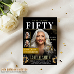 Black Gold 50th Birthday Dinner Invitation, 50 and Fabulous with photo Invite, Fiftieth Birthday Party Card, Digital Printable Template
