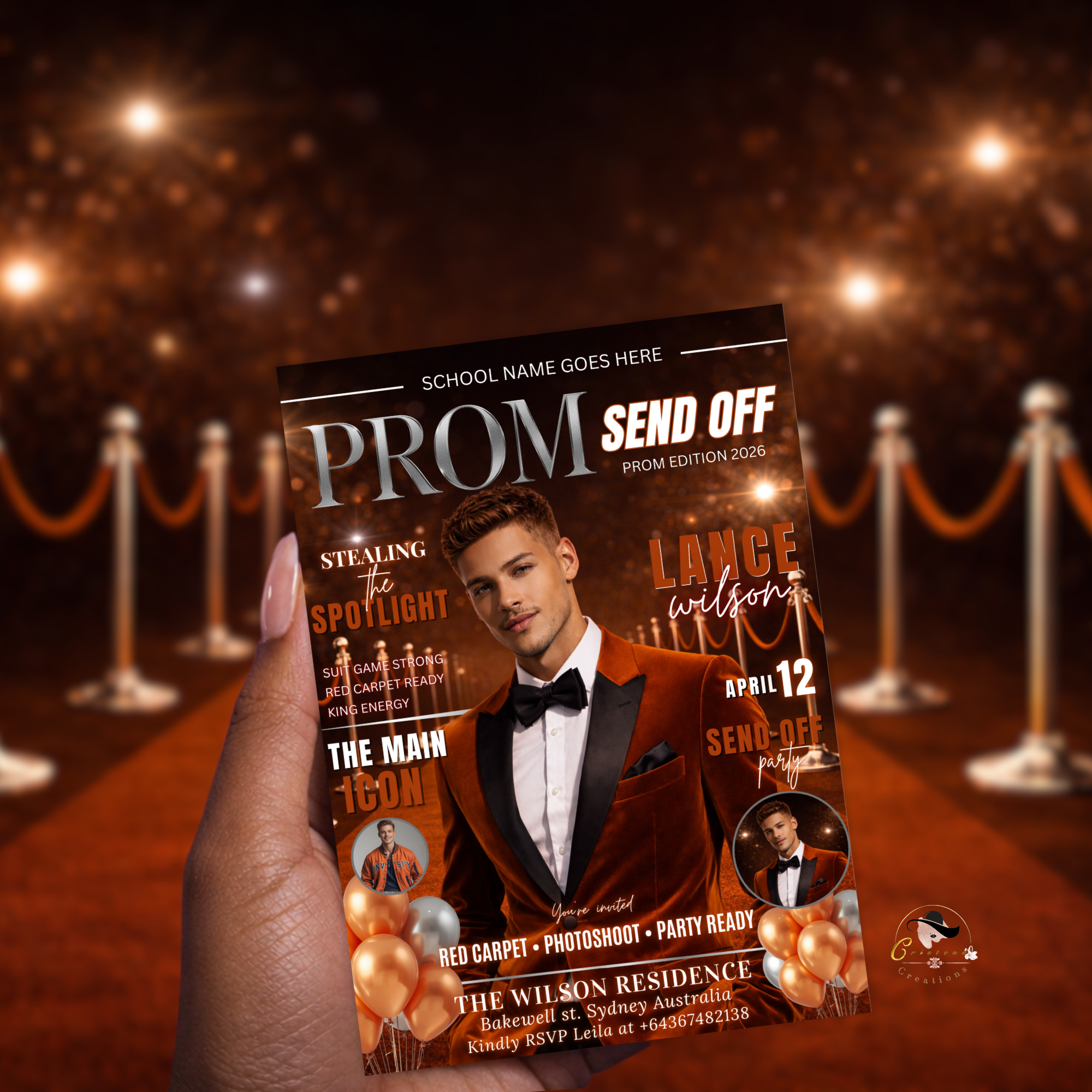Boy Prom Send Off Party Invitation, Prom King with photo invite, Orange Prom Night Flyer Card, High School Prom Digital Printable Template