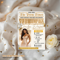 Newspaper Prom Send Off Party Invitation, White Gold Prom Queen with photo invite, Girl Prom Night Flyer Card, Digital Printable Template