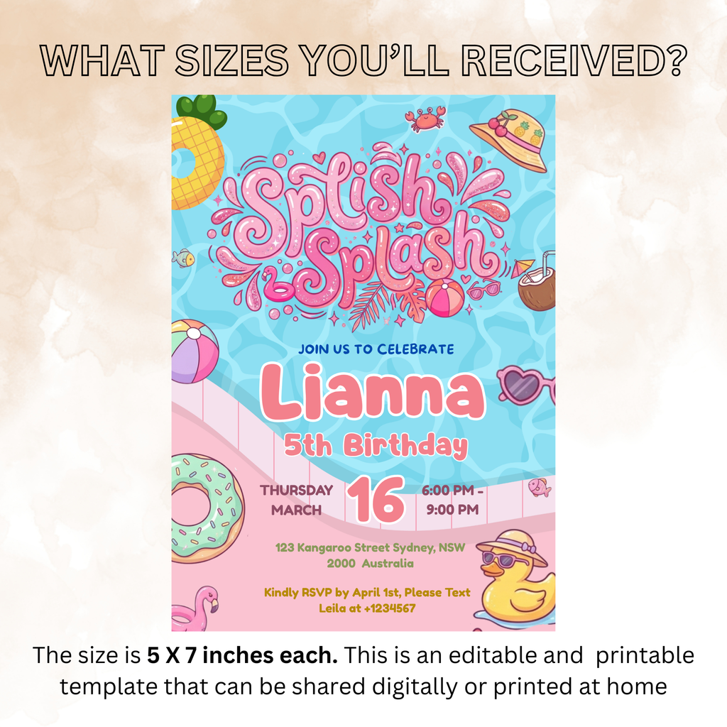 Pool Birthday Party Invitation for Girl, Splish Splash Invite, Summer Beach Kids Invite, Tropical Aloha Luau Invite, Printable Template