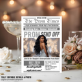 Newspaper Prom Send Off Party Invitation, White Silver Prom Queen with photo invite, Teen Prom Night Flyer Card, Digital Printable Template