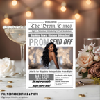Newspaper Prom Send Off Party Invitation, White Silver Prom Queen with photo invite, Teen Prom Night Flyer Card, Digital Printable Template