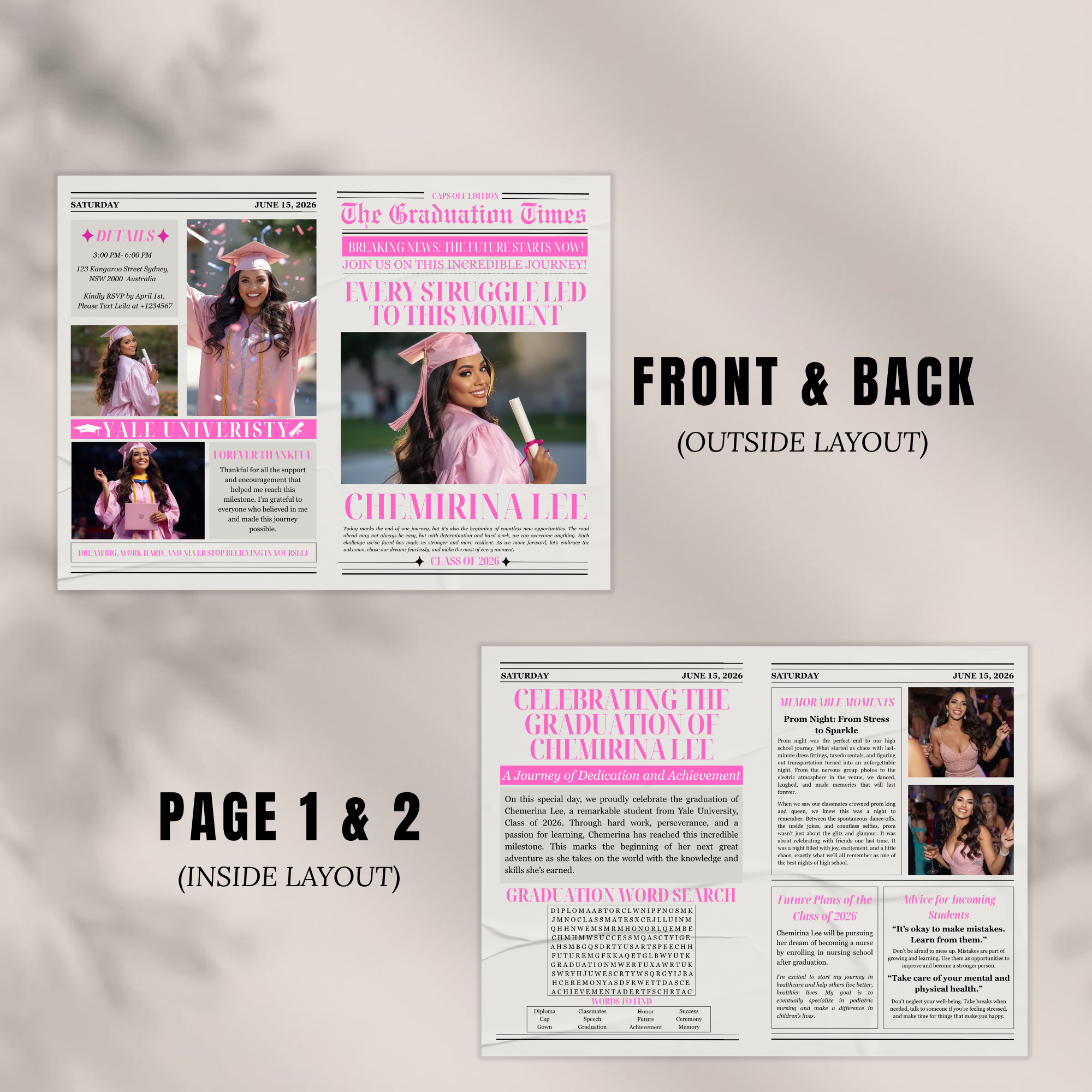 Pink Newspaper Graduation Template with Photo, Class of 2026 Grad Announcement for her, Senior Grad Invite, Editable Printable Invitation