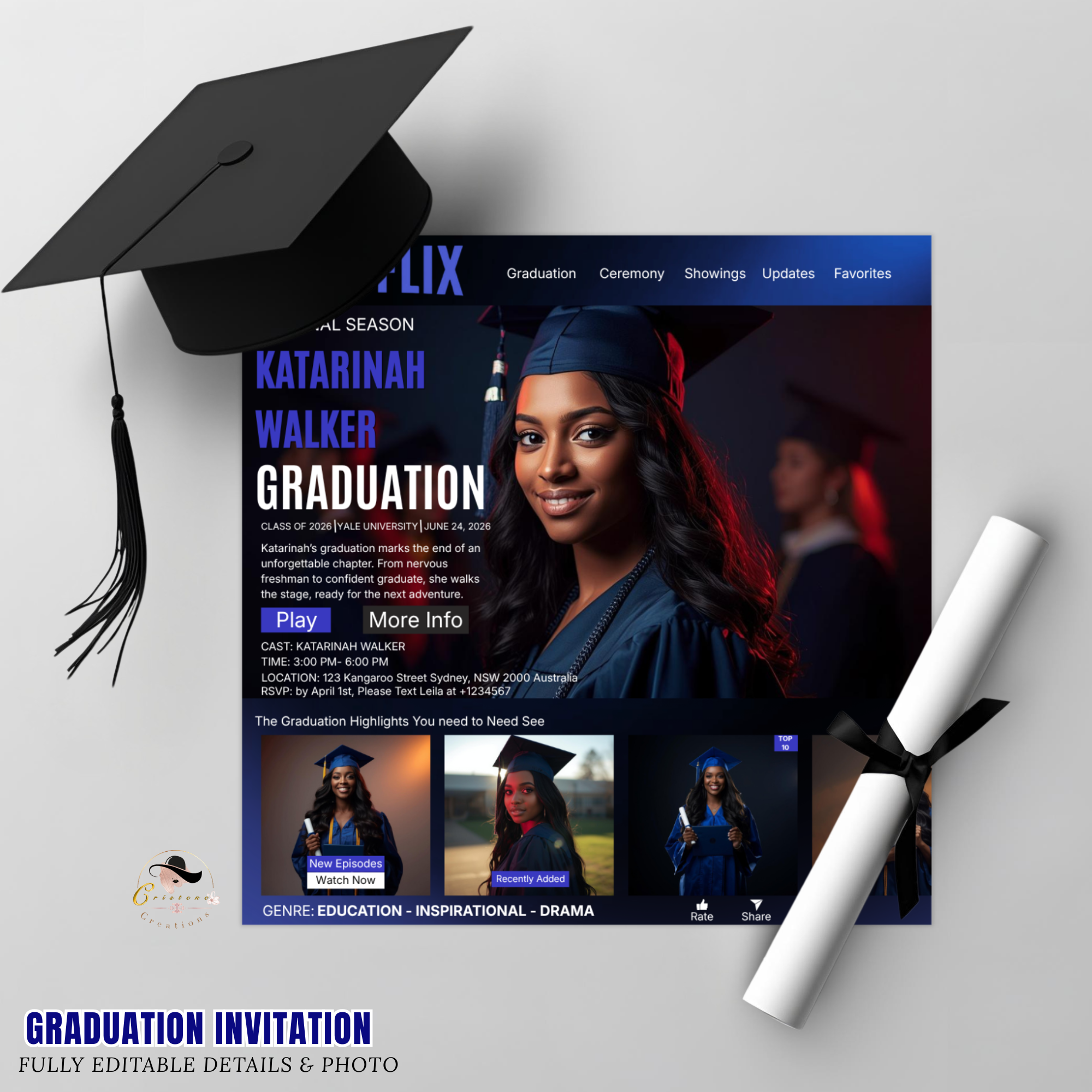 Movie Theme Graduation Invitation with Photo, Blue Streaming Style Grad Announcement Invite, Class of 2026 Flyer, Digital Printable Template