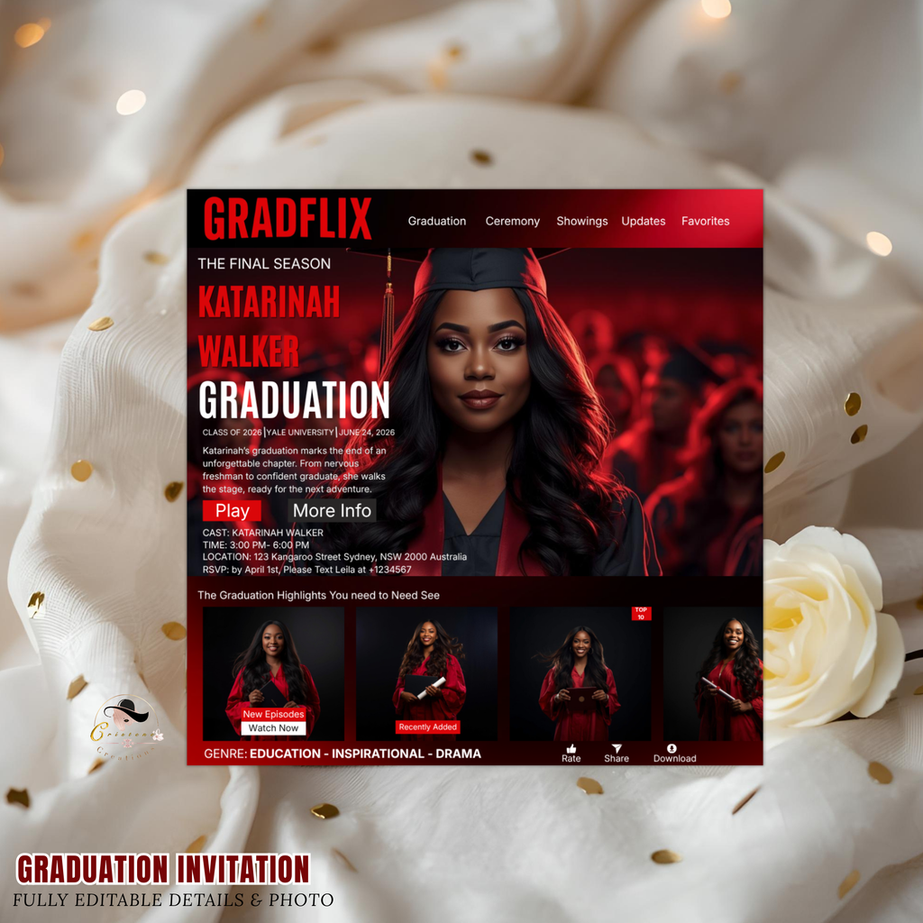 Graduation Invitation with Photo Movie Theme, Red Streaming Style Grad Party Invite, Class of 2026 Flyer, Editable Canva Printable Template