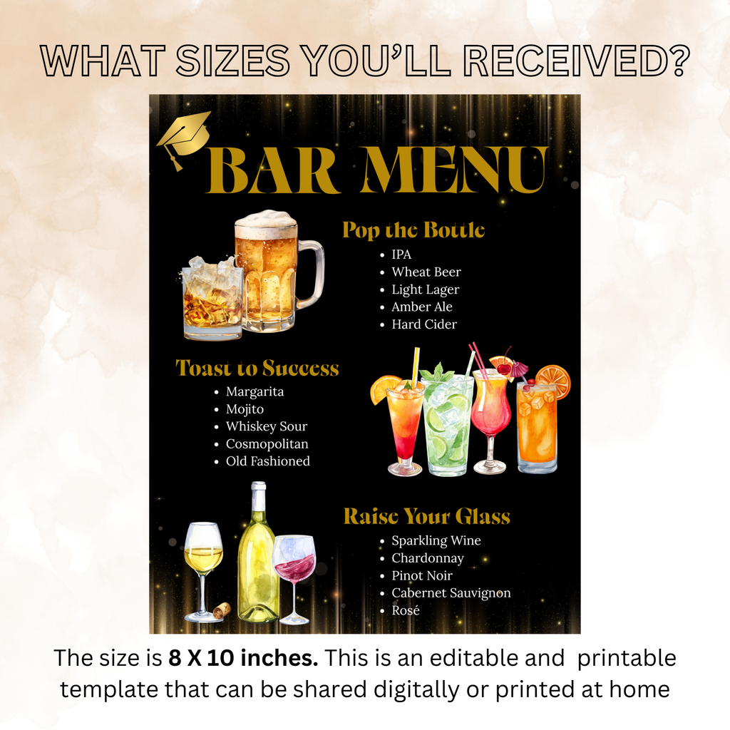 Graduation Bar Menu Template, Editable Drink Menu, Class of 2026 Cocktail Menu, Custom Grad Party Menu, Canva Printable