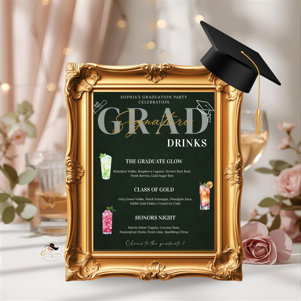 Green Graduation Drink Sign Menu, Signature Drinks Bar Menu, Senior Grad Party Soda Bar Menu Card for Him and Her, Printable Template