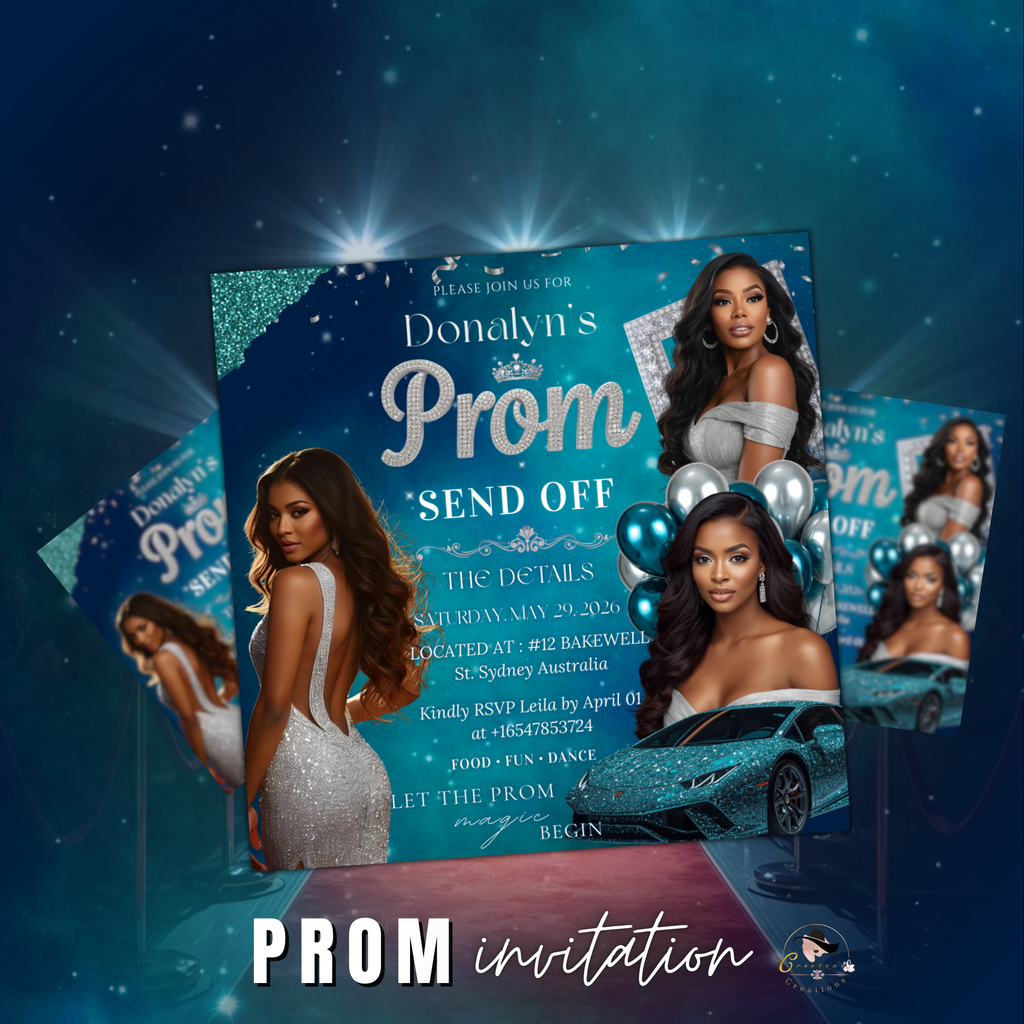 Prom Send Off Invitation, Prom Queen Party with photo invite, Girls Prom Night Flyer, Teal Silver Diamond Theme, Digital Printable Template