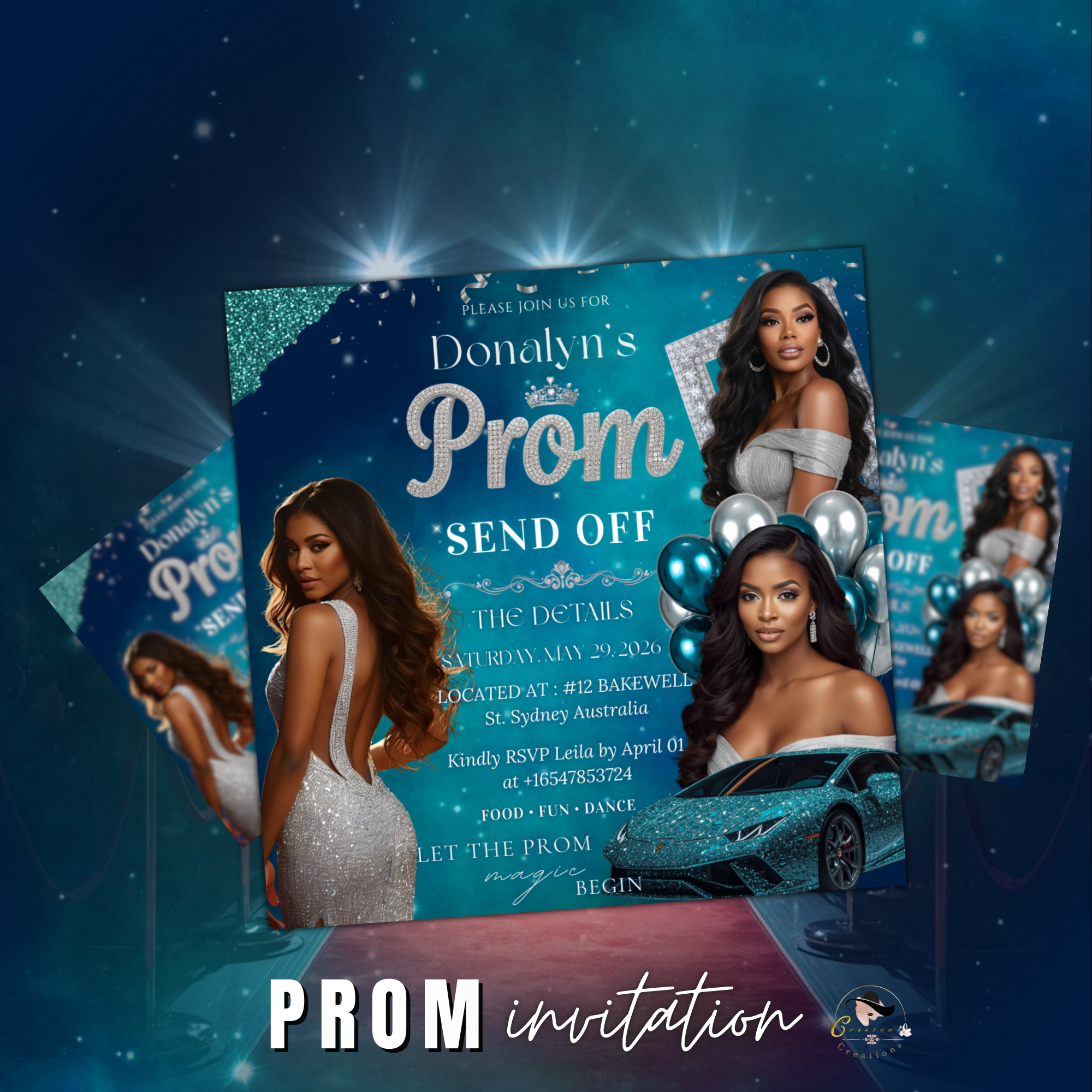 Prom Send Off Invitation, Prom Queen Party with photo invite, Girls Prom Night Flyer, Teal Silver Diamond Theme, Digital Printable Template