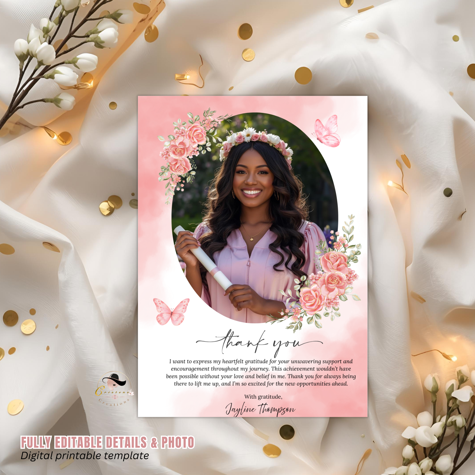 Wildflower Graduation Thank You Card with photo, Senior Grad Party Thank you note, Pink Birthday Thank You Cards, Digital Printable Template