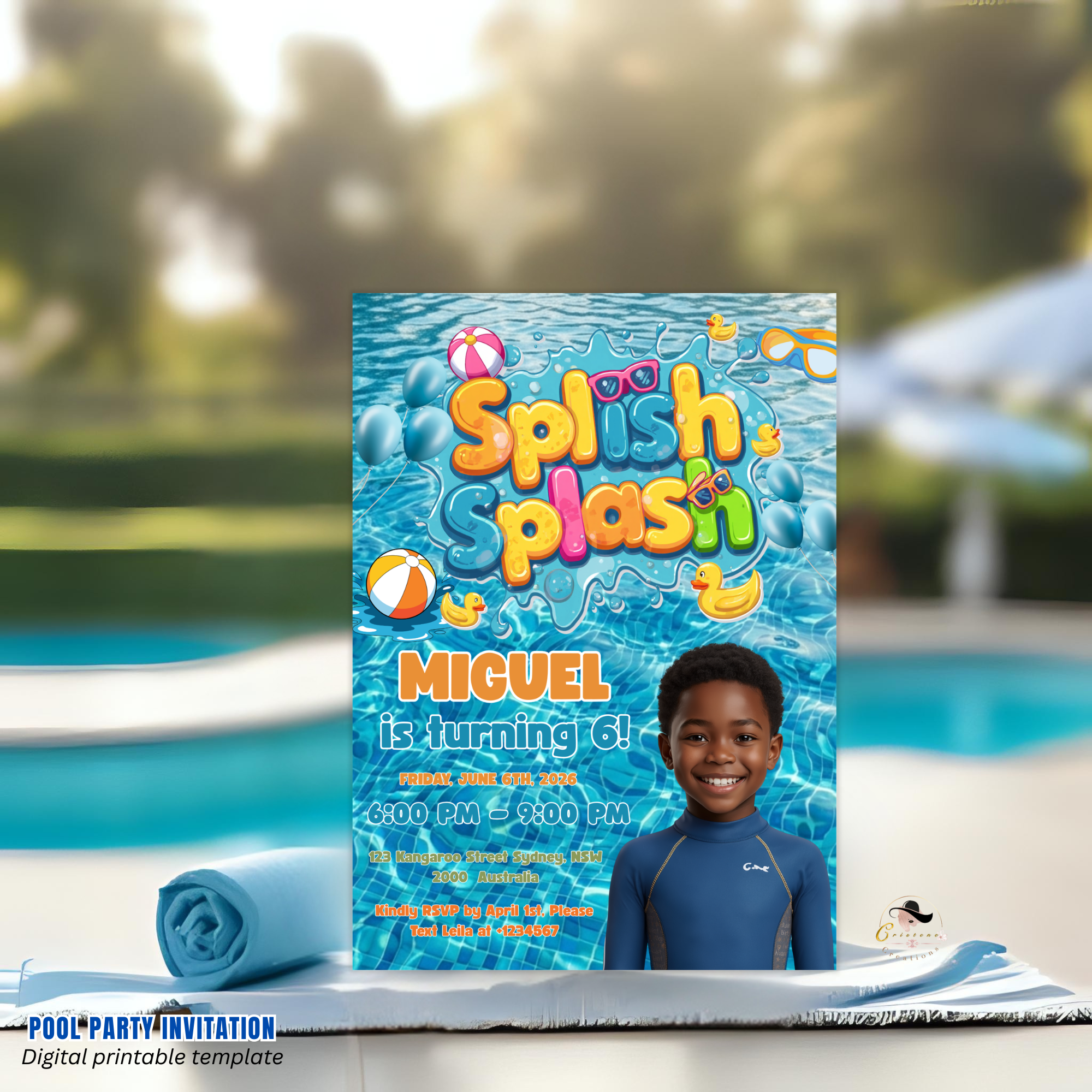 Kids Pool Party Birthday Invitation with Photo, Splash Party Invite, Tropical Summer Swim Party, Boy Birthday, Editable Canva Template
