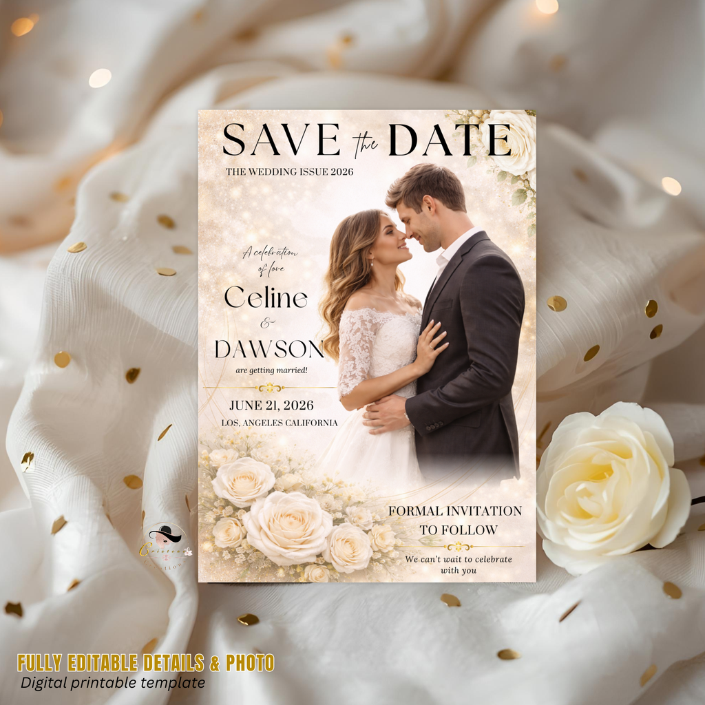 Wedding Save the Date Invitation, White Gold Floral Save Date Party with photo invite, Editable Canva Printable Digital Template