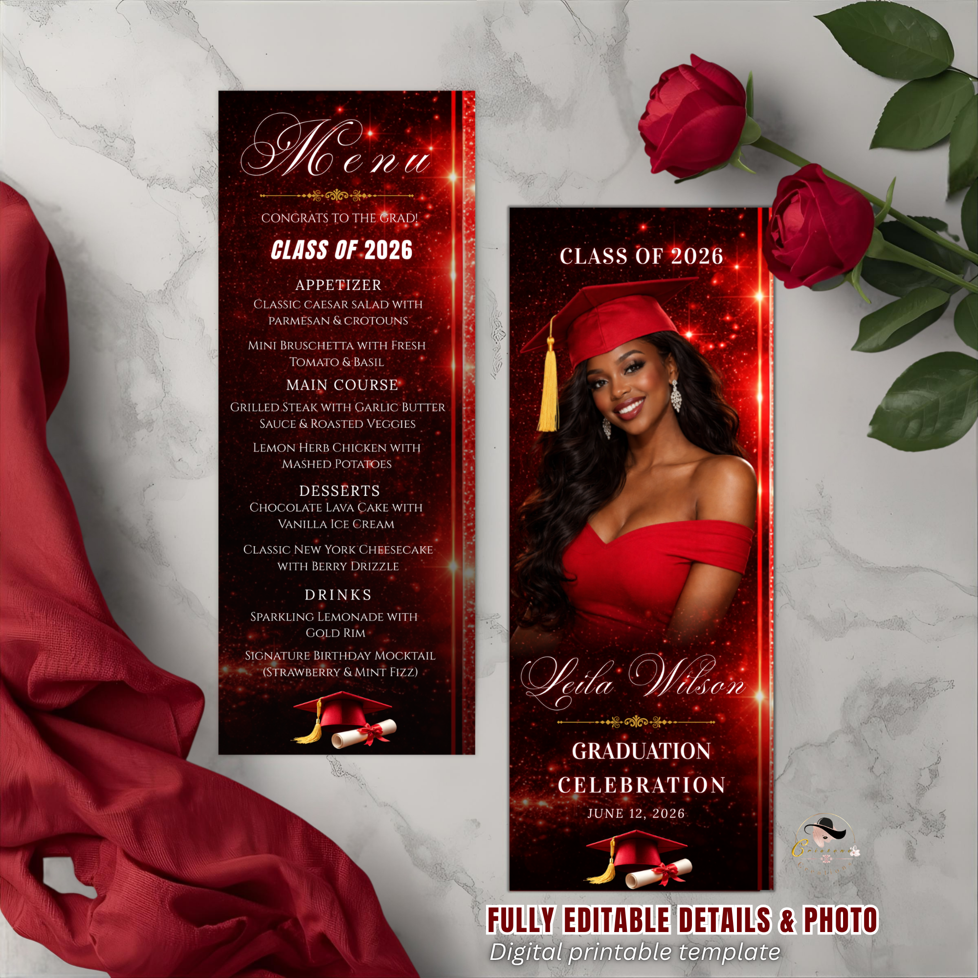 Red Graduation Menu Template with Photo, Class of 2026 Menu Card, Elegant Senior Grad Party Menu for Him and Her, Editable Canva Printable