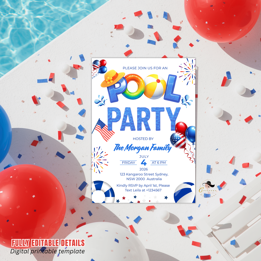 4th of July Pool Party Invitation, Independence Day BBQ Cookout Invite, Summer Pool Party, Fourth of July, Patriotic Editable Canva Template