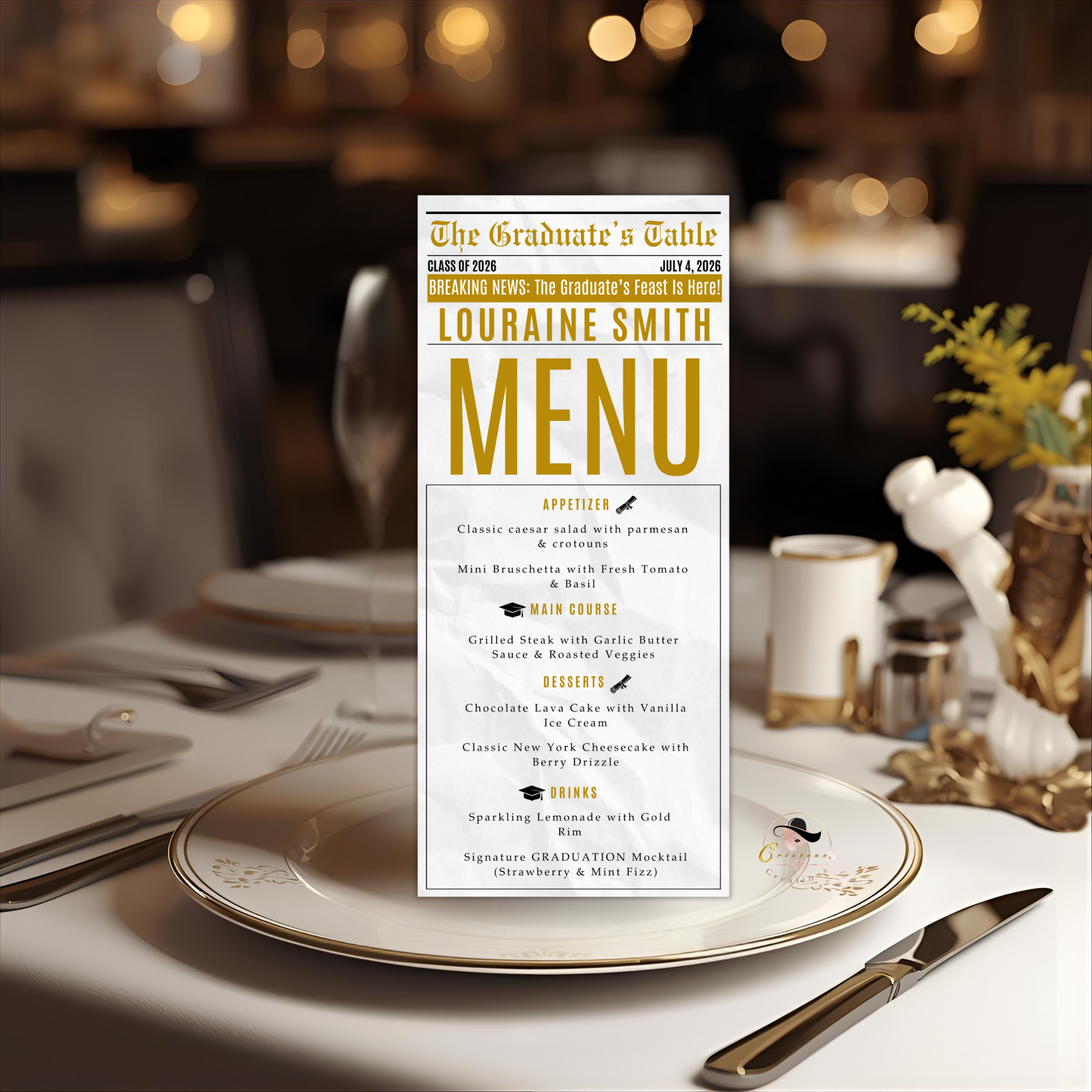 Graduation Newspaper Menu Template, Editable Grad Dinner or Brunch Menu, Class of 2026 Printable for Him and Her, White Gold Menu