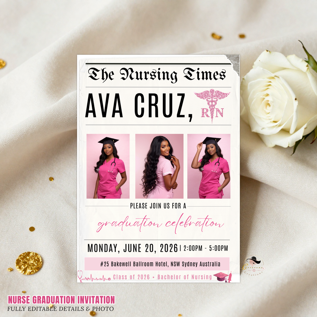 Nurse Graduation Newspaper Invitation with Photo, Pink RN BSN Pinning Ceremony Invite, Canva Digital Printable Flyer Template