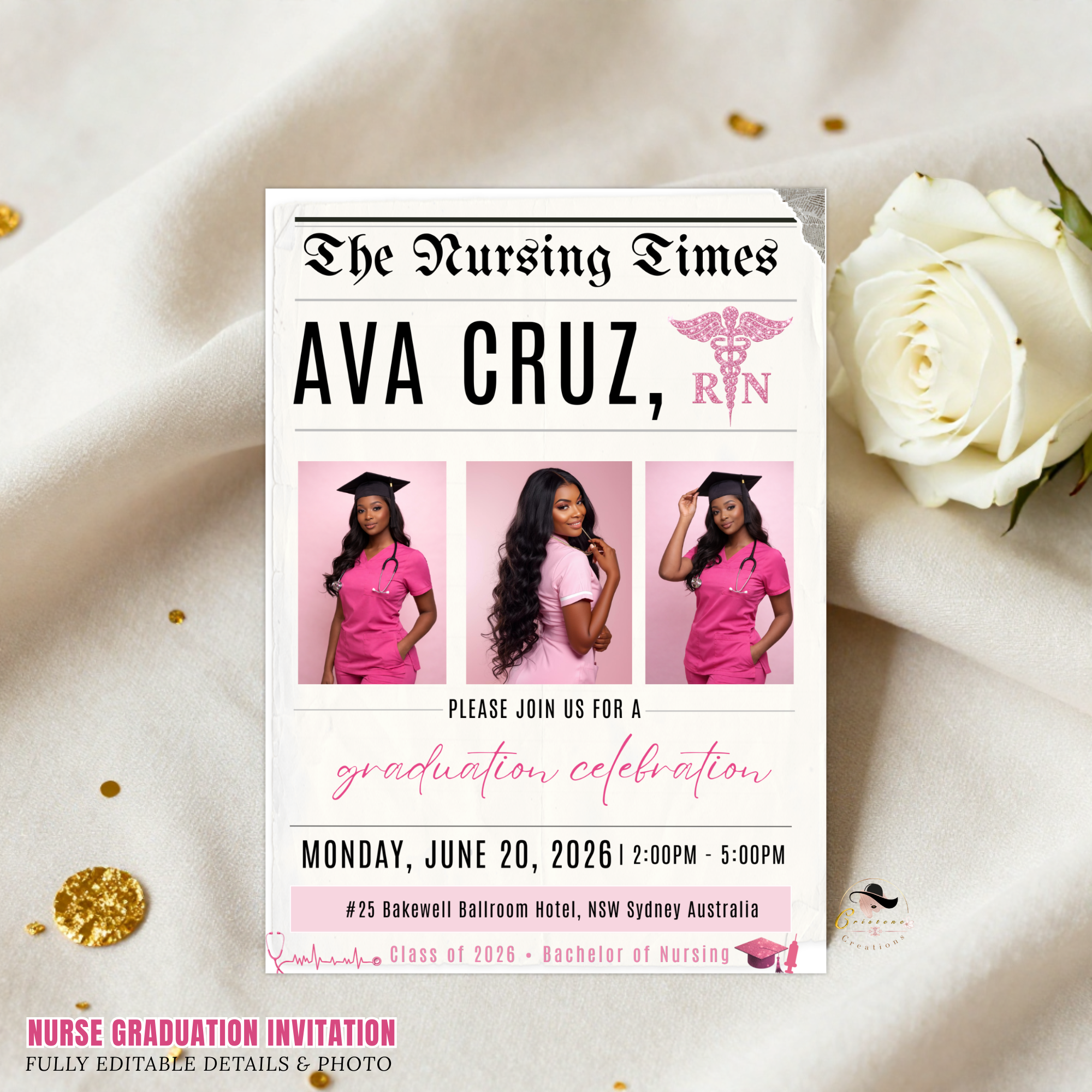 Nurse Graduation Newspaper Invitation with Photo, Pink RN BSN Pinning Ceremony Invite, Canva Digital Printable Flyer Template