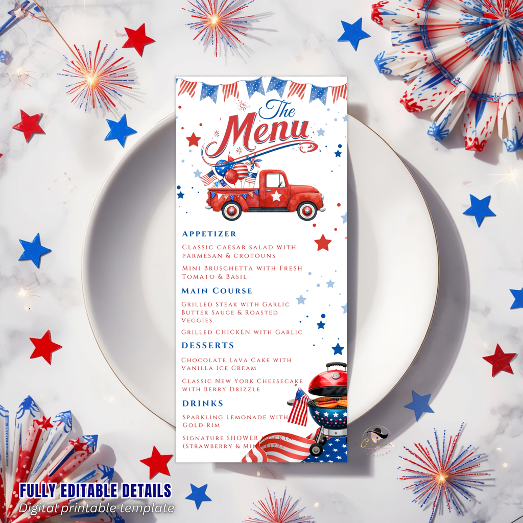 4th of July Menu Template, Independence Day BBQ Cookout Menu, USA Patriotic Dinner Brunch Party Menu Red White Blue Editable Canva Printable