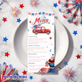 4th of July Menu Template, Independence Day BBQ Cookout Menu, USA Patriotic Dinner Brunch Party Menu Red White Blue Editable Canva Printable