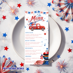 4th of July Menu Template, Independence Day BBQ Cookout Menu, USA Patriotic Dinner Brunch Party Menu Red White Blue Editable Canva Printable