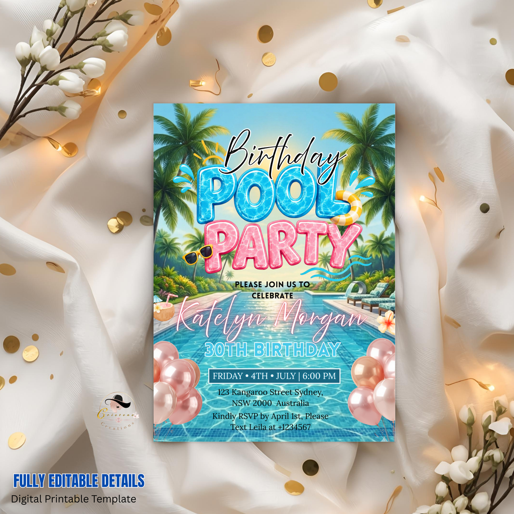 Birthday Pool Party Invitation, Summer Tropical Aloha Luau Adult Birthday Invite, Hawaiian Invite, Editable Printable Canva Digital Template