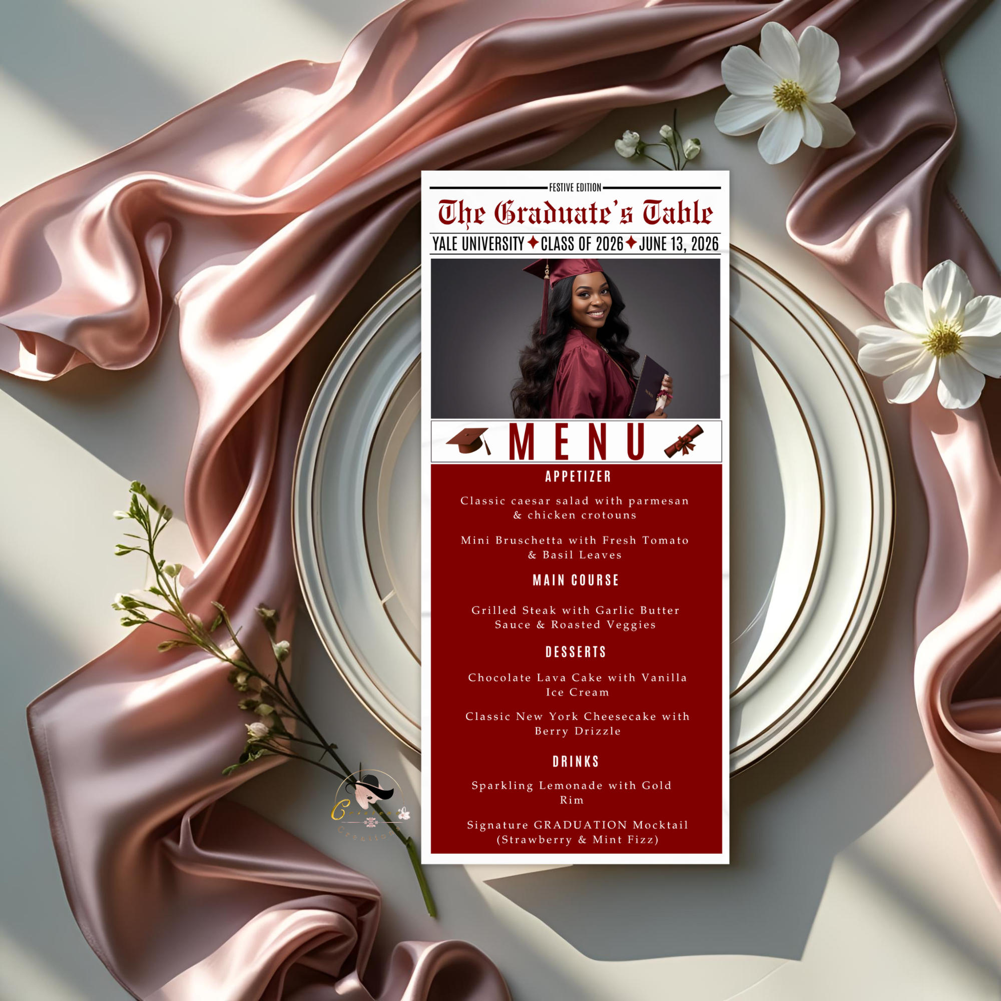 Newspaper Graduation Menu Template, Class of 2026 Grad Party Dinner Menu Card For Him and Her, Maroon Graduates Menu, Printable Canva