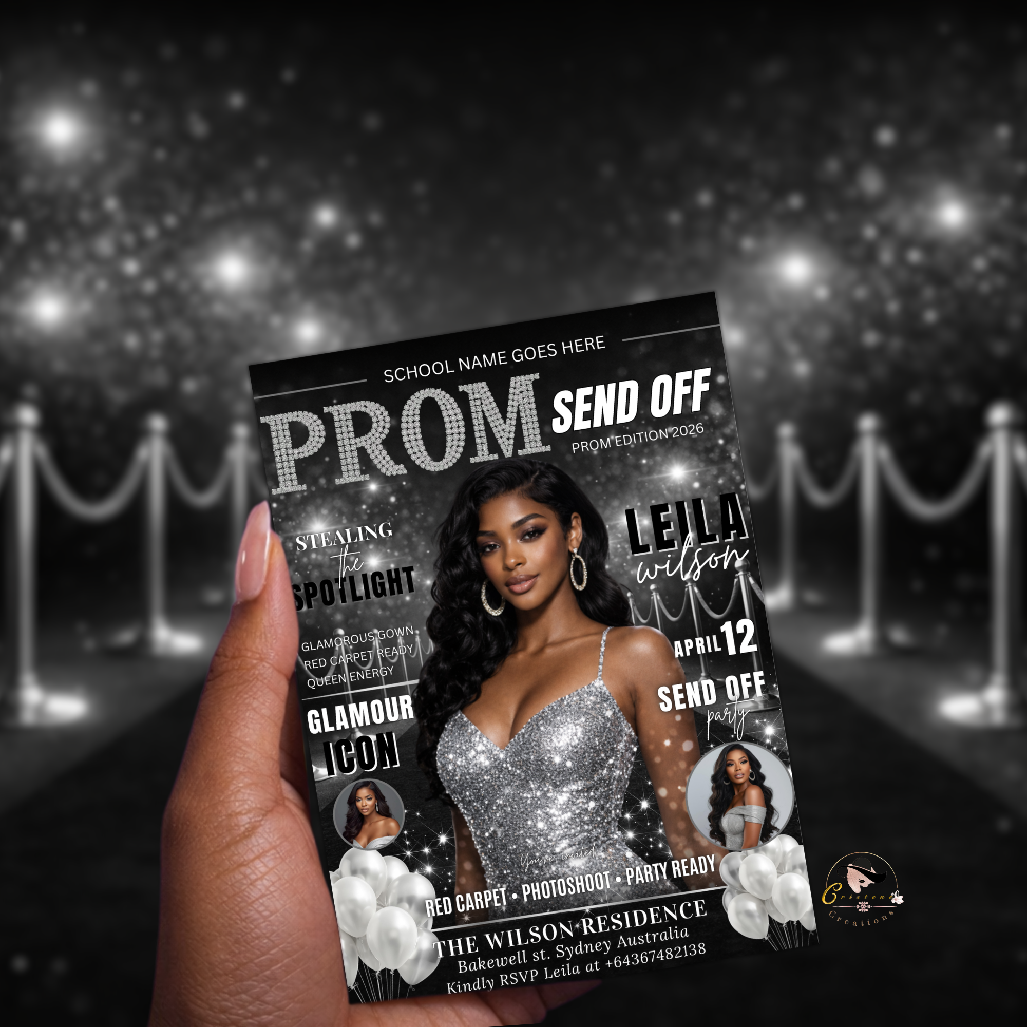 Black Silver Prom Send Off Party Invitation, Prom Queen with photo invite, Girls Prom Night Flyer, Magazine Cover Digital Printable Template