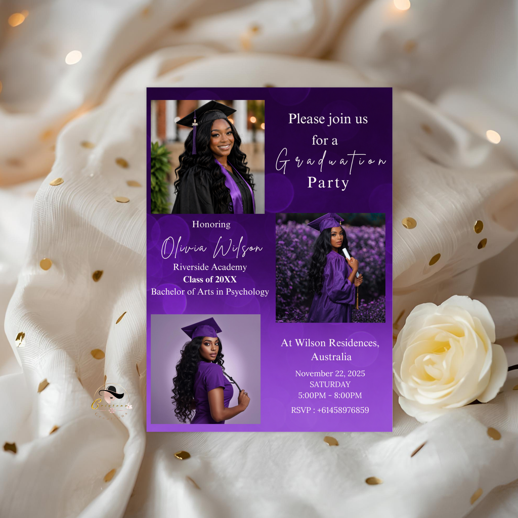 Purple Graduation Invitation with Photo, Class of 2026 Grad Party Announcement Invite for Him and Her, Printable Editable Digital Template
