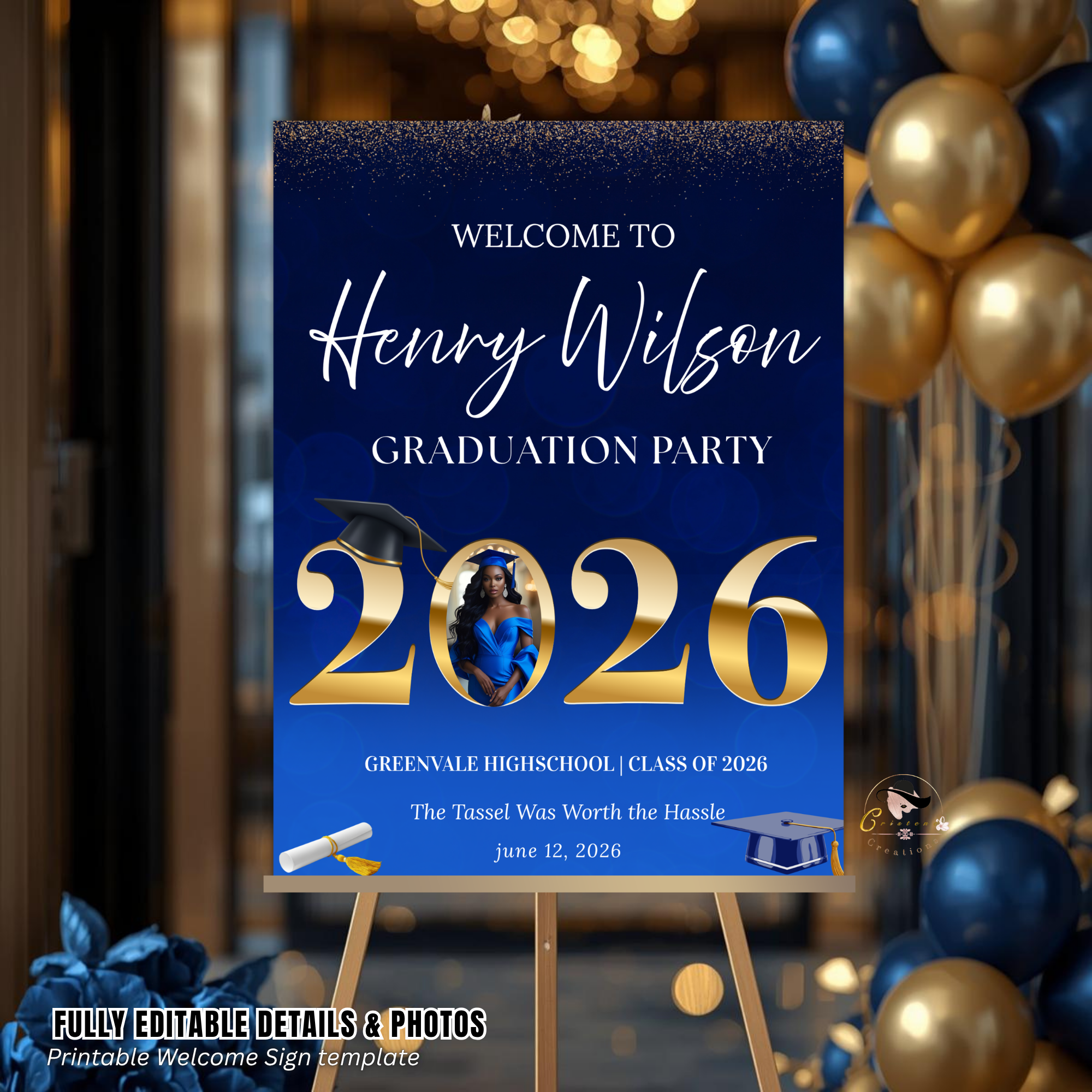 Blue Graduation Welcome Party Sign, Senior Grad Poster Sign with photo, Class 2026 Woman Boy High School Graduates Sign, Printable Template