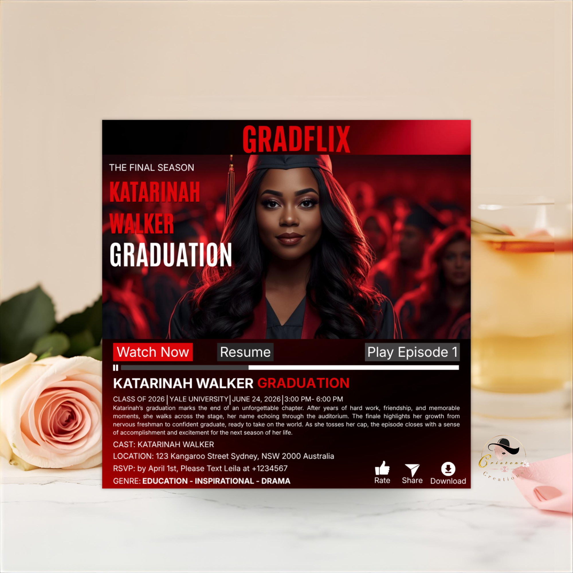 Red Movie Theme Graduation Invitation with Photo for Him and Her, Cinematic Grad Party Announcement Invite, Class of 2026 Canva Template
