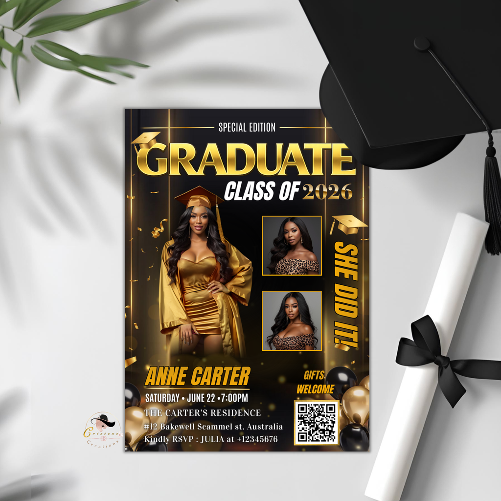 Graduation Announcement 2026 Invitation, Senior Grad Party with photo invite, Woman College High school Graduates, Black gold Flyer Template