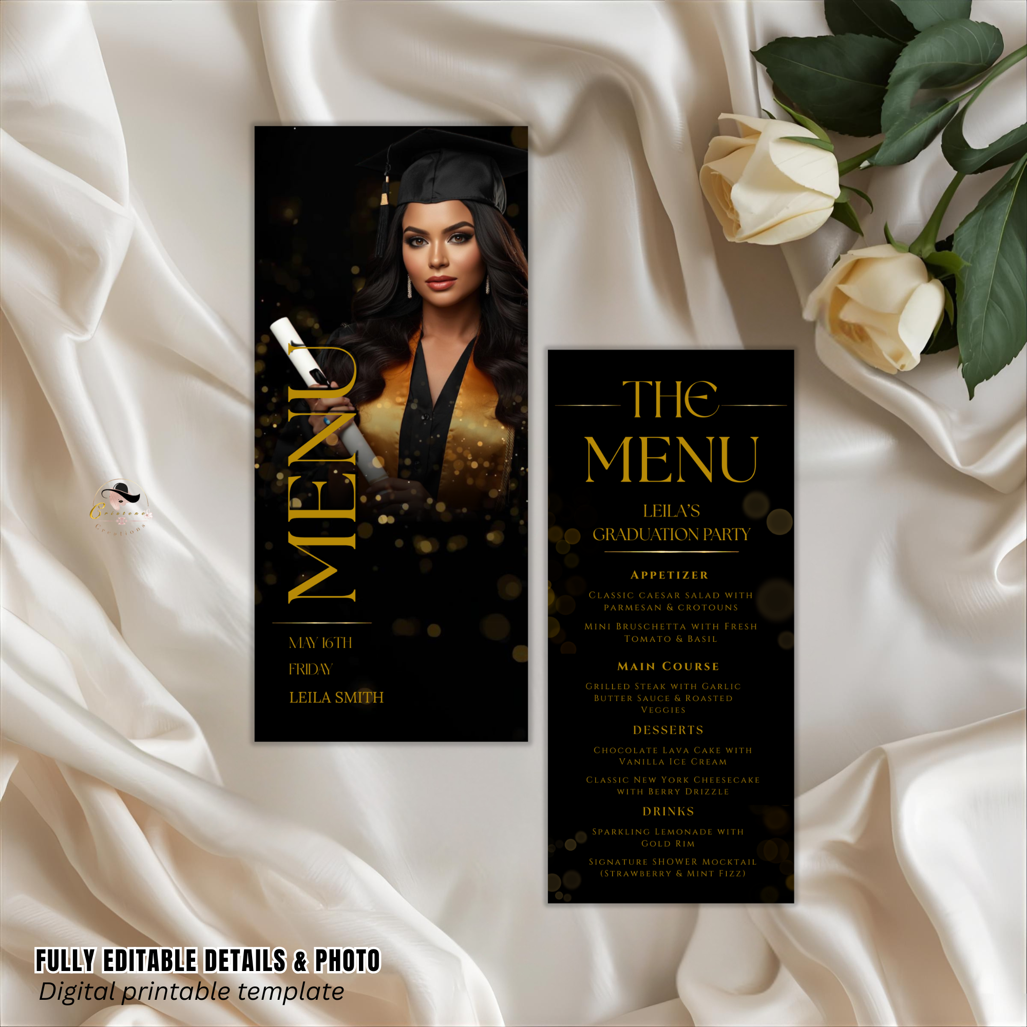 Graduation Dinner Menu with Photo, High School College Grad Party Menu Class of 2026, Black Gold Menu, Editable Canva Printable Template