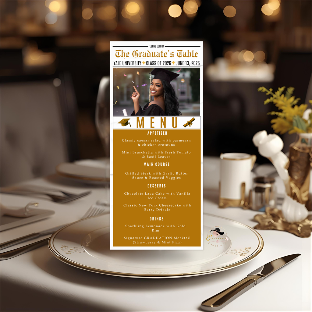 Graduation Newspaper Menu Template with Photo, Class of 2026 Senior Grad Party Dinner Menu For Him and Her, Gold Editable Printable Card