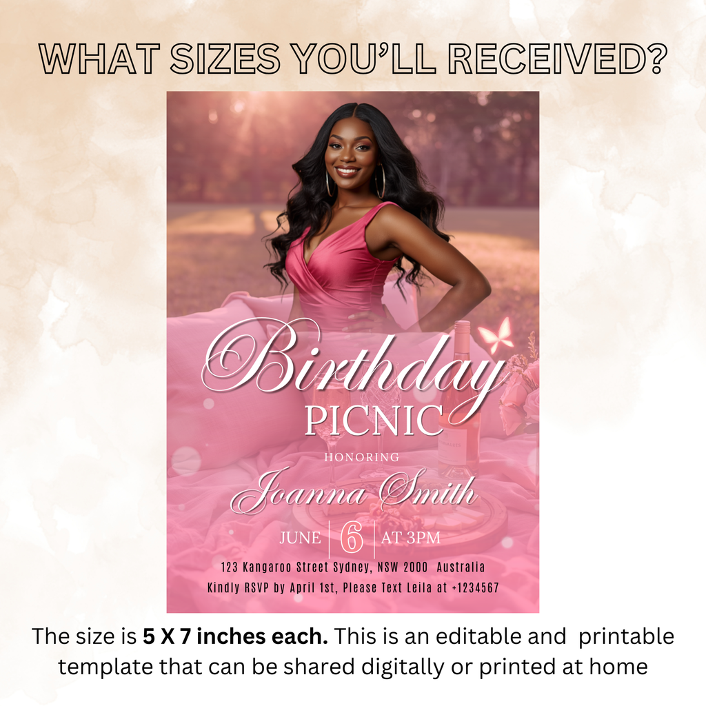 Pink Picnic Birthday Invitation with Photo, Adult Girl Summer Party Invite, Picnic at the Park Invite, Printable Editable Canva Template
