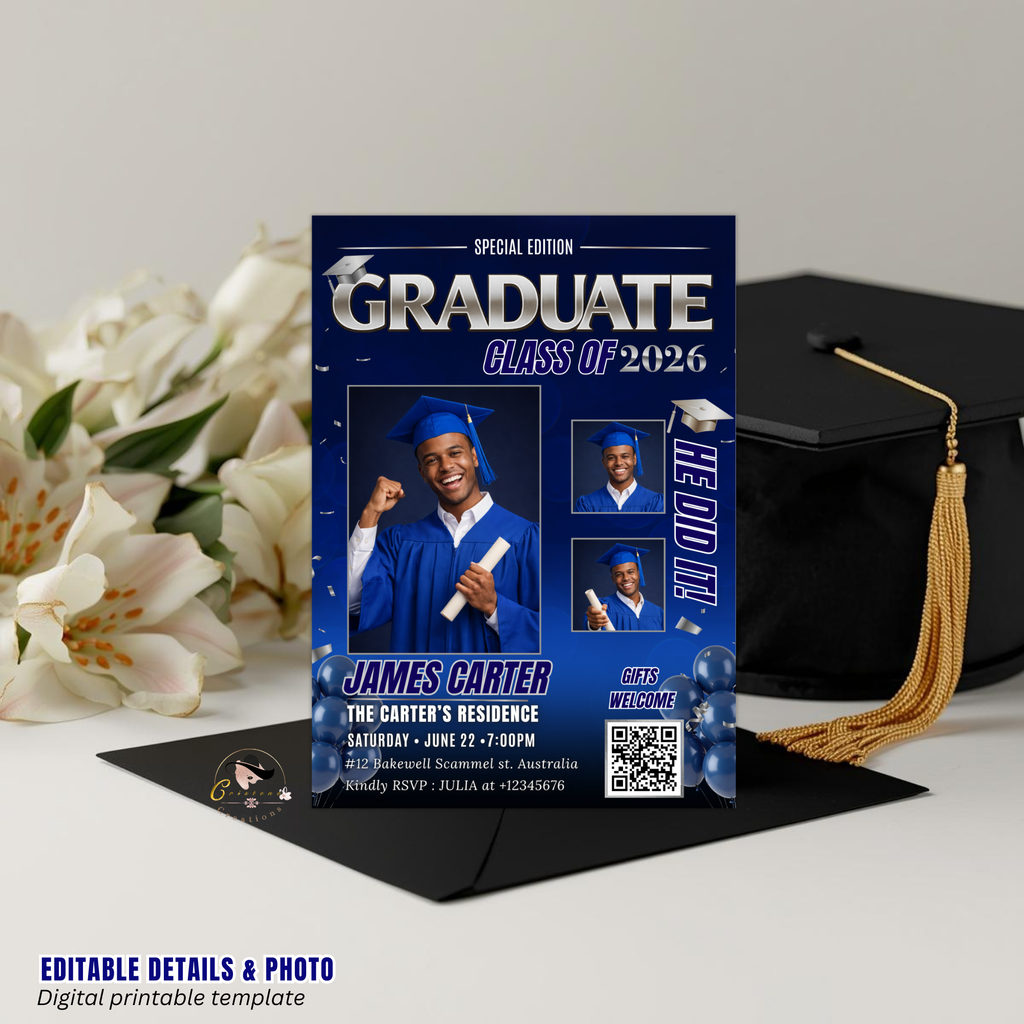 Blue Graduation Invitation, Boy Senior Grad Party with photos invite, Male College High school Graduates Announcement Card Flyer Template