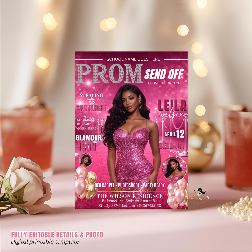 Pink Prom Send Off Party Invitation, Prom Queen with photo invite, Girls Prom Night Flyer, Glam Magazine Cover, Digital Printable Template