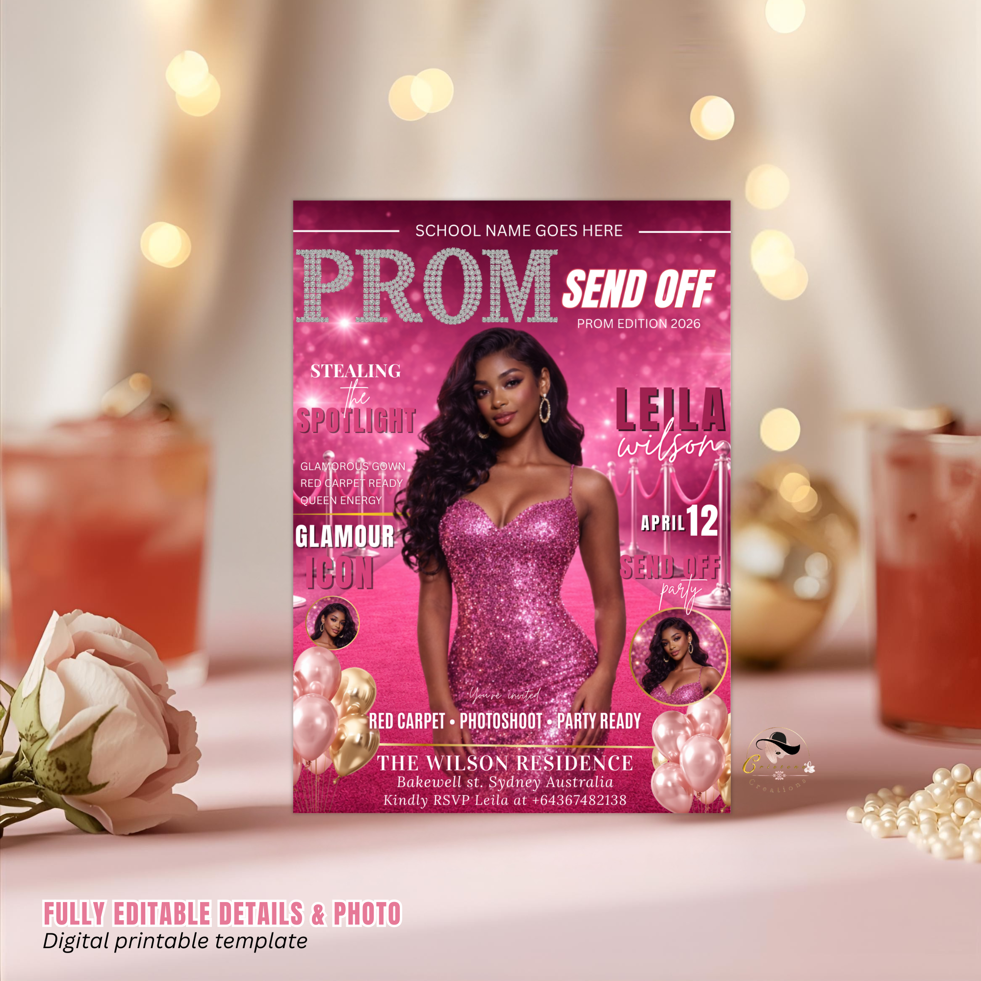 Pink Prom Send Off Party Invitation, Prom Queen with photo invite, Girls Prom Night Flyer, Glam Magazine Cover, Digital Printable Template