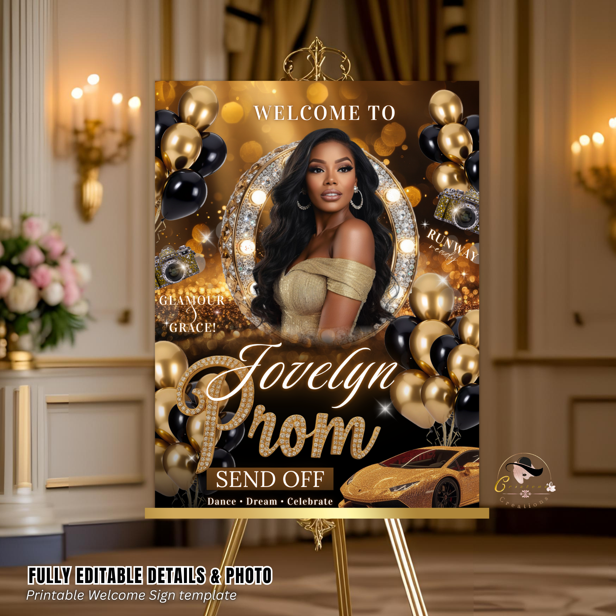 Black Gold Prom Send Off Welcome Party Sign, Prom Queen Poster Sign with photo, Entrance Board Sign, Teen Girl and Boy Printable Template