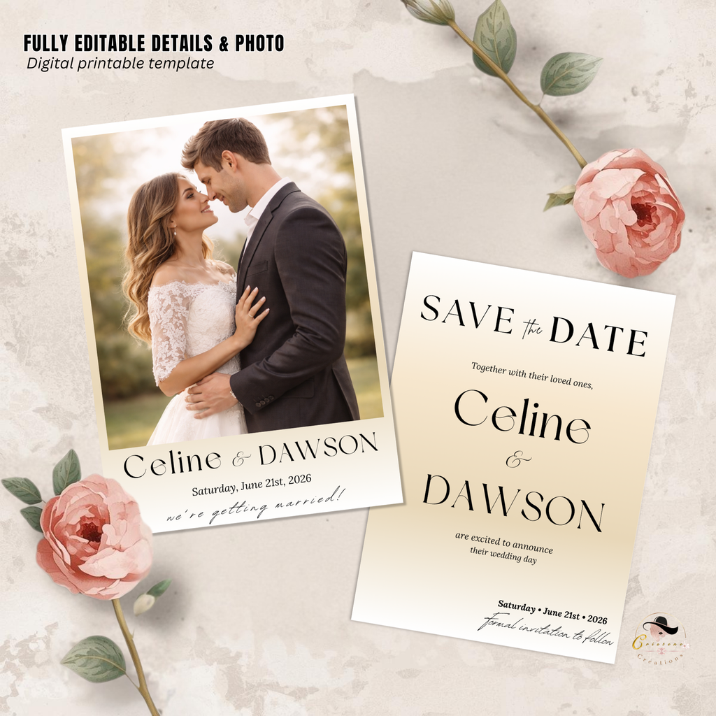 White Gold Wedding Save the Date Template with Photo Invitation, Save Date Party Invite, Engagement Card Invite, Digital Printable Template