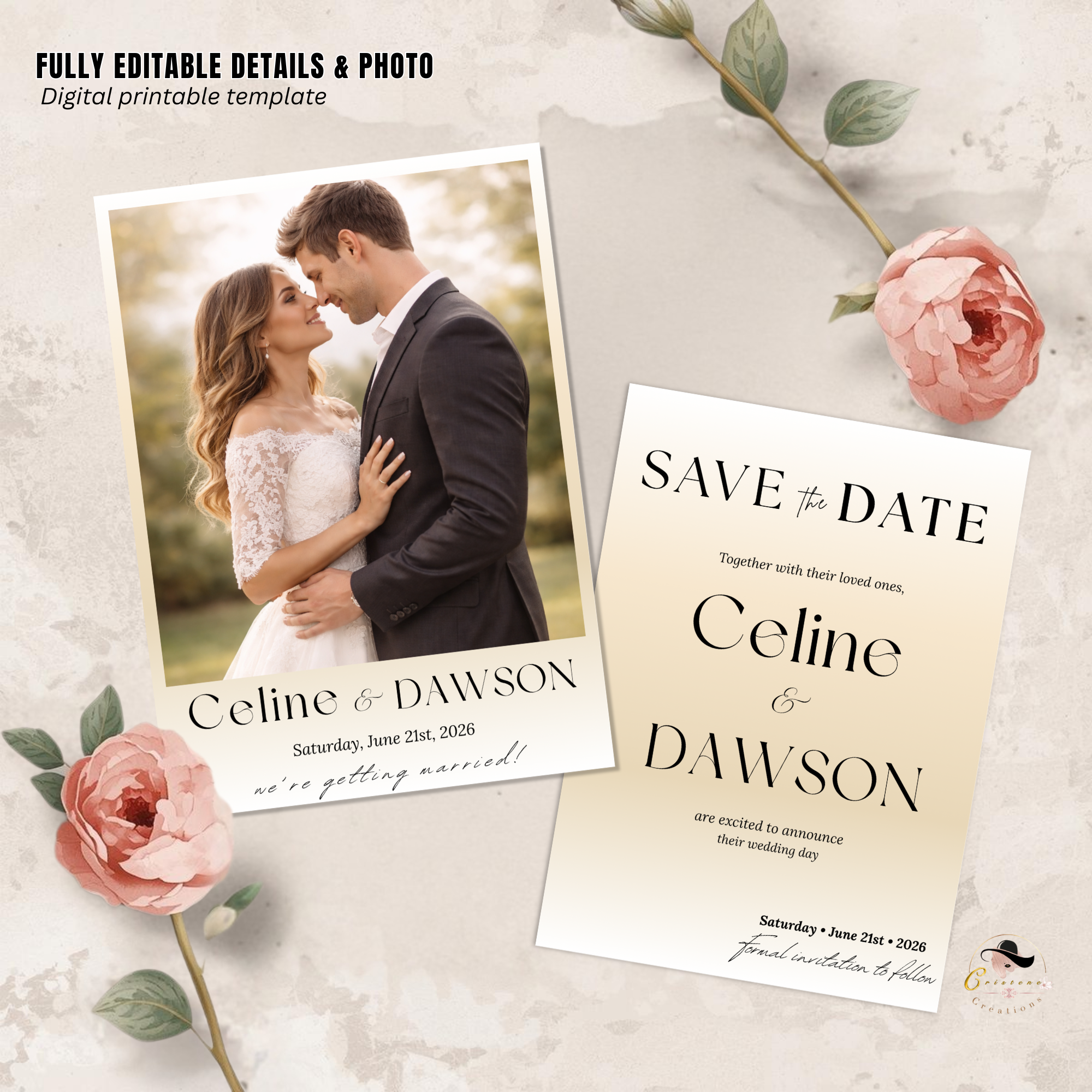 White Gold Wedding Save the Date Template with Photo Invitation, Save Date Party Invite, Engagement Card Invite, Digital Printable Template