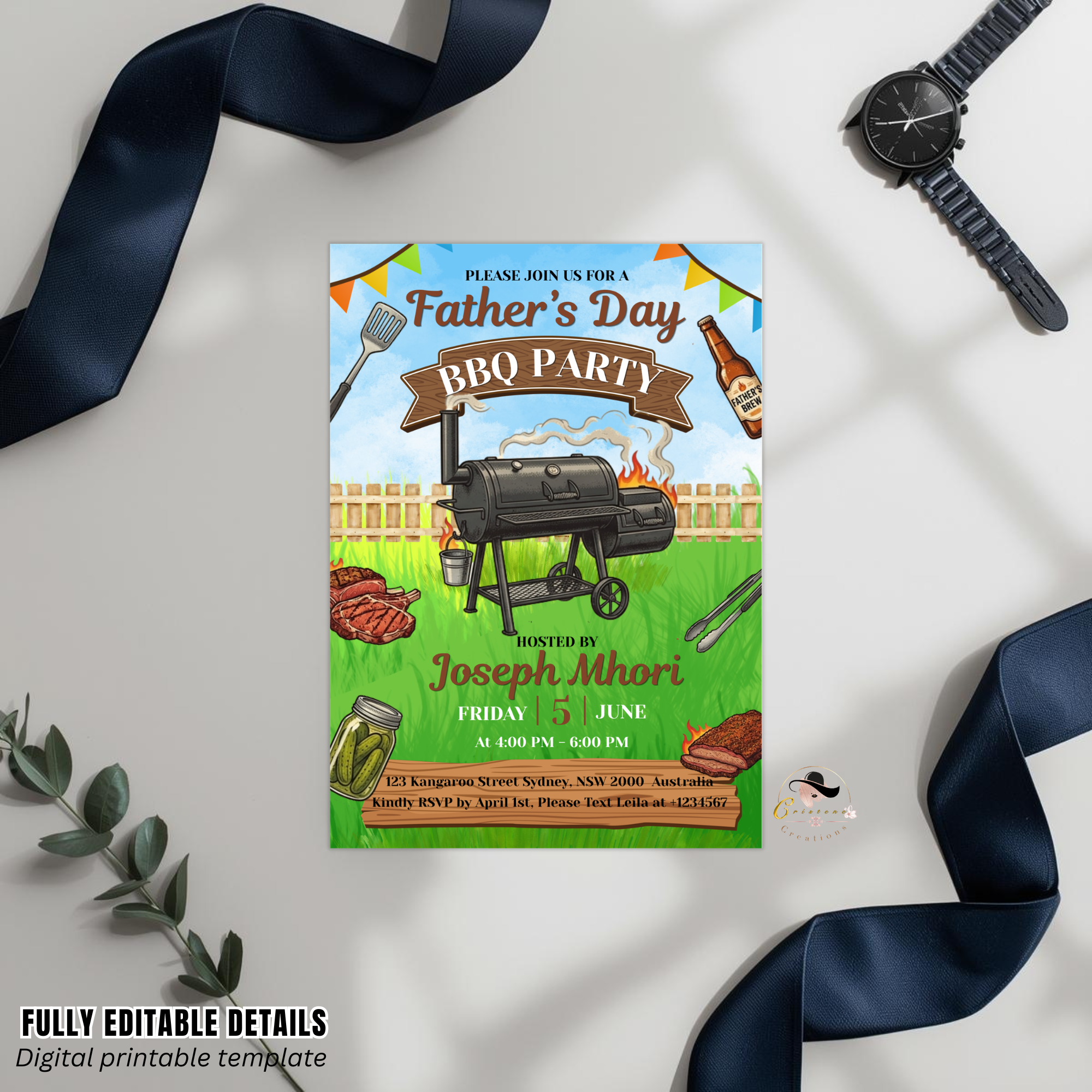 Fathers Day BBQ Cookout Invitation, Dad Party Pool Party Invite, Food Drinks Whiskey, Barbecue Dinner Invite, Printable Digital Template