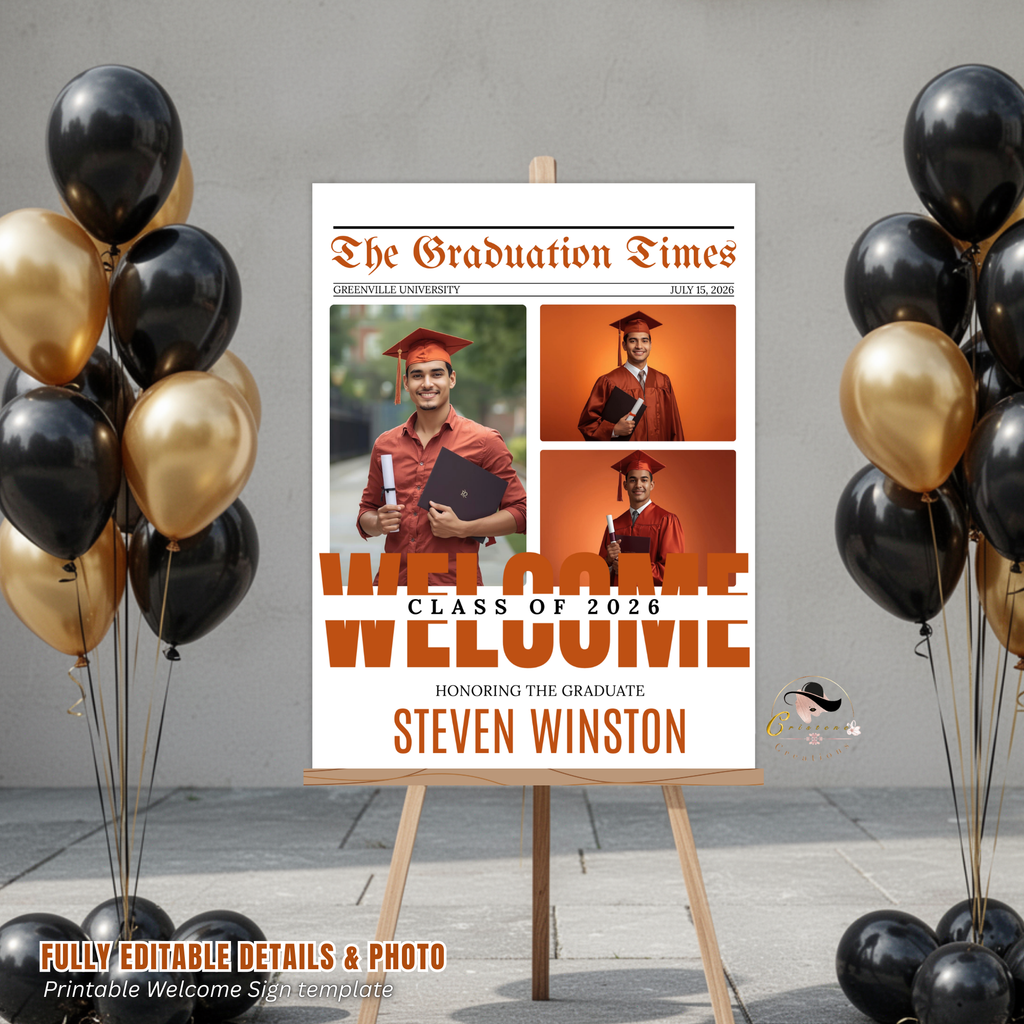 Orange Newspaper Graduation Welcome Party Sign, Boy Senior Grad Announcement Sign with photo, High School Graduates Sign, Printable Template
