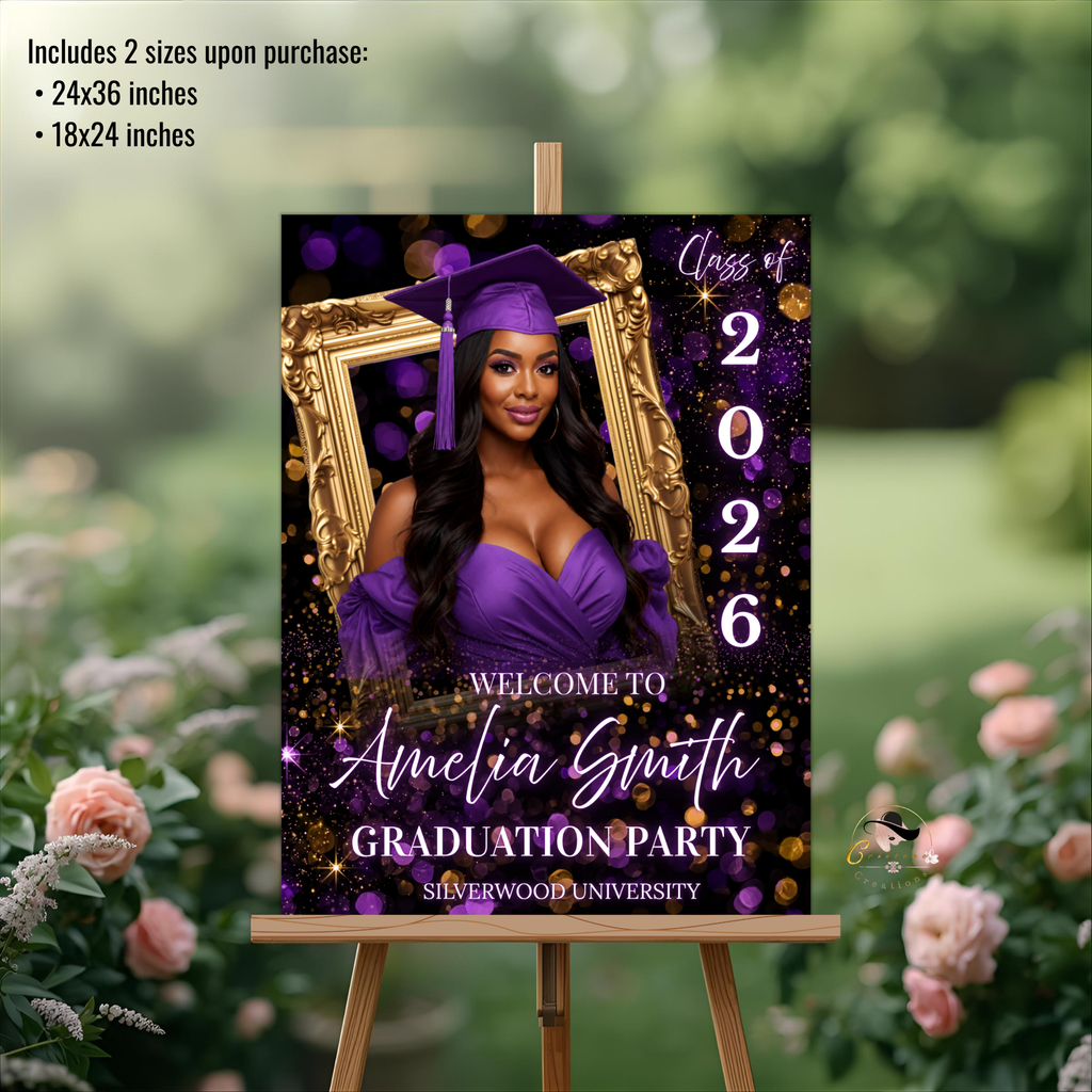 Purple Graduation Welcome Sign with Photo, Class of 2026 Senior Grad Party Sign for Him and Her, High School College Editable Canva Template