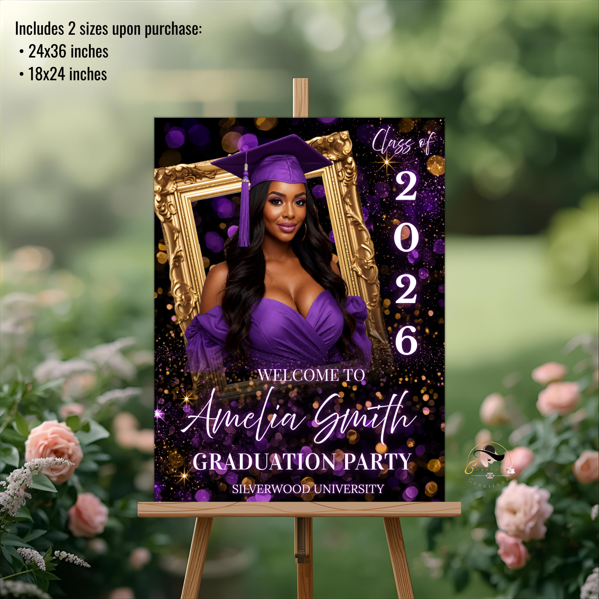 Purple Graduation Welcome Sign with Photo, Class of 2026 Senior Grad Party Sign for Him and Her, High School College Editable Canva Template