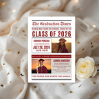 Double Graduation Invitation Newspaper with Photo, Editable Class of 2026 Twin Grad Party Invite, Canva Printable Template for Him and Her