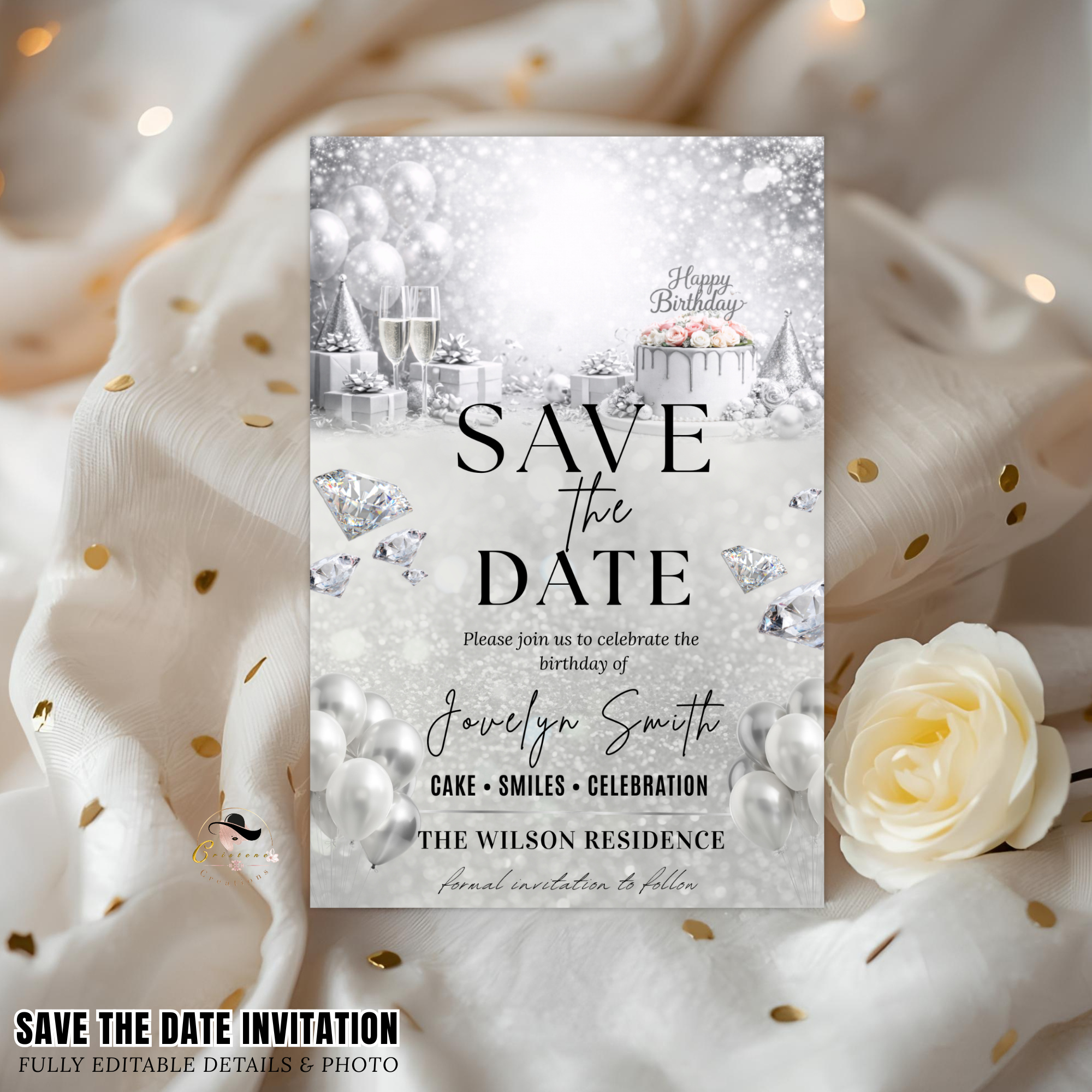 White Silver Save the Date Birthday Invitation, Diamond Jubilee Save Date Party Invite, Elegant Woman Card, Printable Digital Template