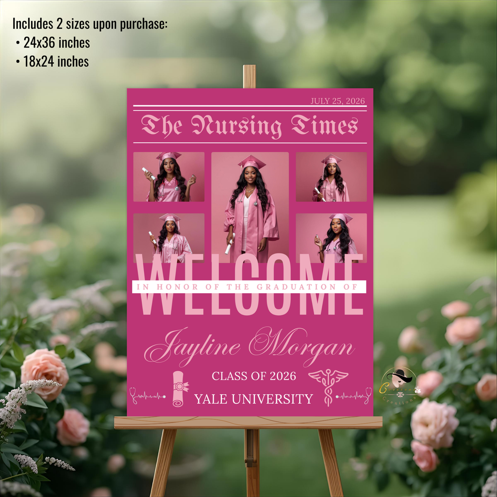 Pink Nursing Graduation Welcome Sign, Newspaper Style with Photo, RN BSN LPN Pinning Ceremony, Nurse Poster Board Sign, Printable Template