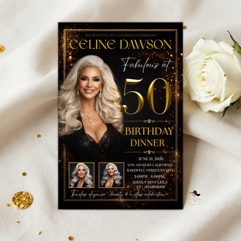50th Birthday Invitation for Man and Woman, Black and Gold 50 and Fabulous Invite, Dinner Brunch Party Invite, Editable Canva Template