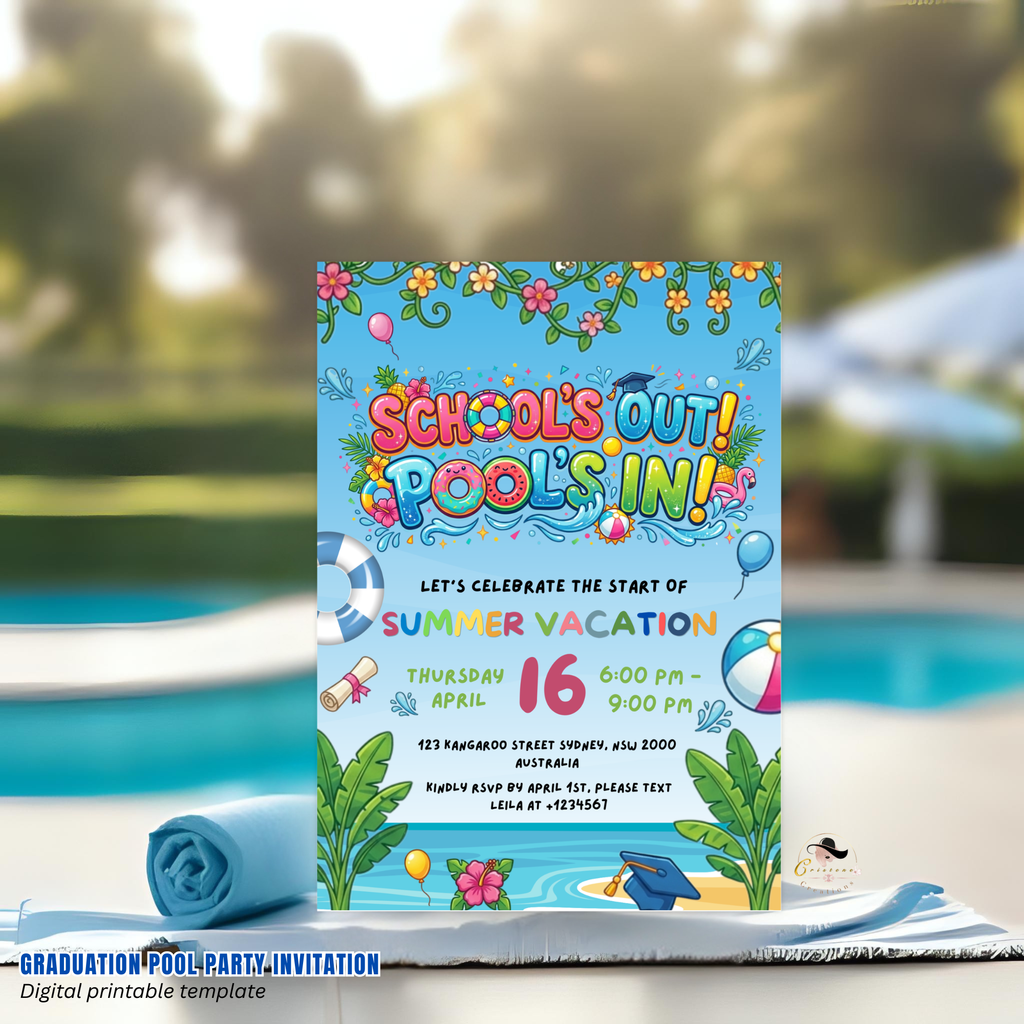 Graduation Pool Party Invitation, Kids Summer Beach Grad Invite, Hello Pool Goodbye School, Boy Girl Printable Editable Canva Template